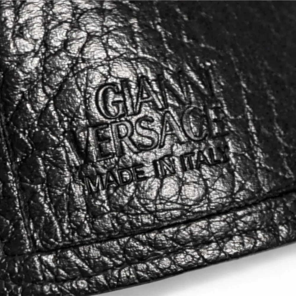 Vintage Gianni Versace Medusa Black Pebbled Leather Trifold Billfold Wallet